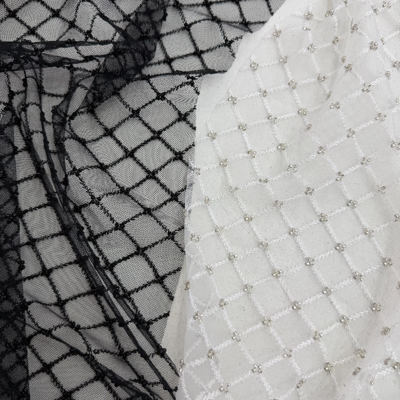 Crystal Mesh Fabric - リップストップビーズ刺繍スパンコールメッシュ生地、ウェディングドレス、衣類デザイン、DIY用、メーター単位の縫製材料