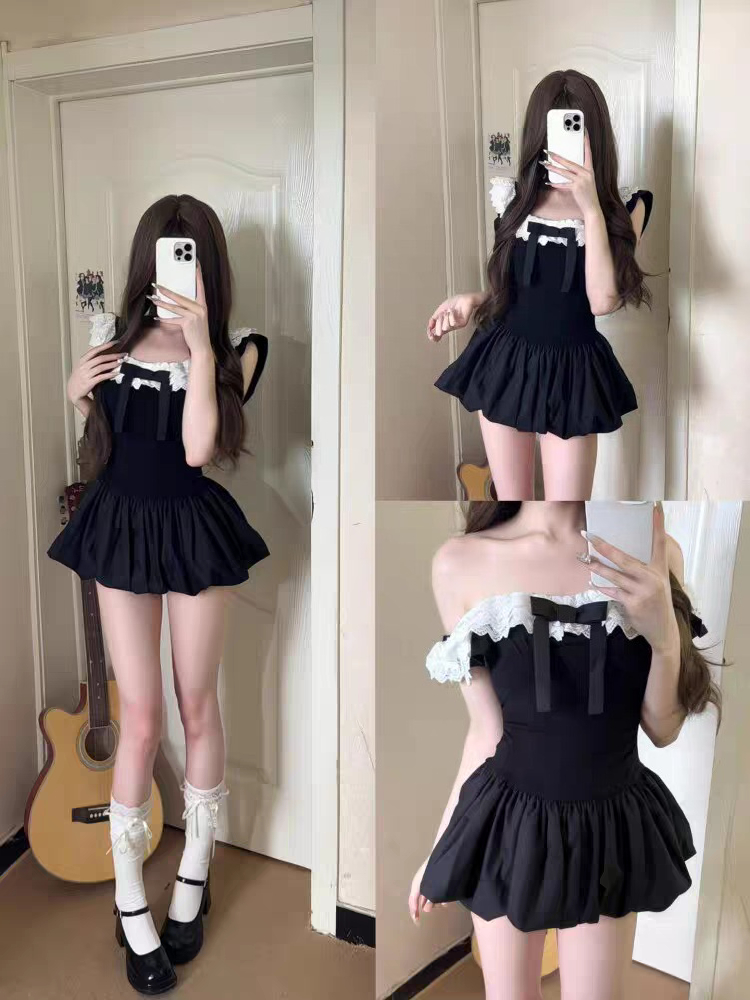 Elastic Lace Trim - コケットな韓国風セクシーオフショルダーレーストリムボウスリムフィット2ピースセット女性用ブラックミニバブルドレスショーツデイリーウェアクラブウェア