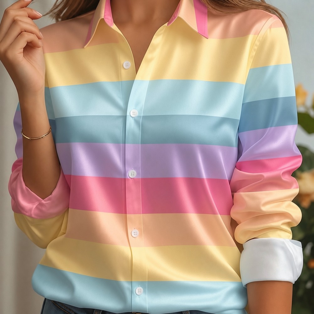 Embellish Knit - 女性用サテンラペルカラーシャツ、パステルストライププリント、長袖ルーズブラウス、エレガントオフィスデイリーカジュアル、ボタンフロント、シルクのような肌触り