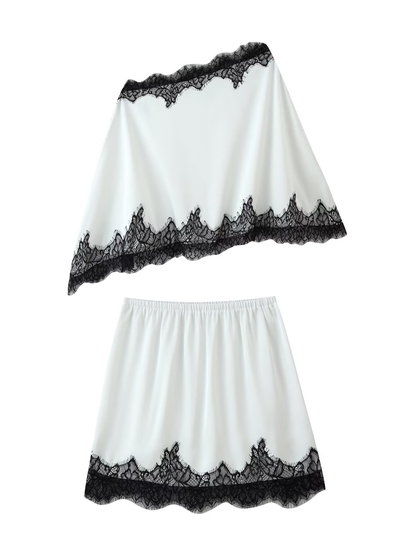 Elastic Lace Trim - 女性用サテンAラインミニスカート、アイラッシュレーストリム付きアシンメトリートップス、マッチングセット