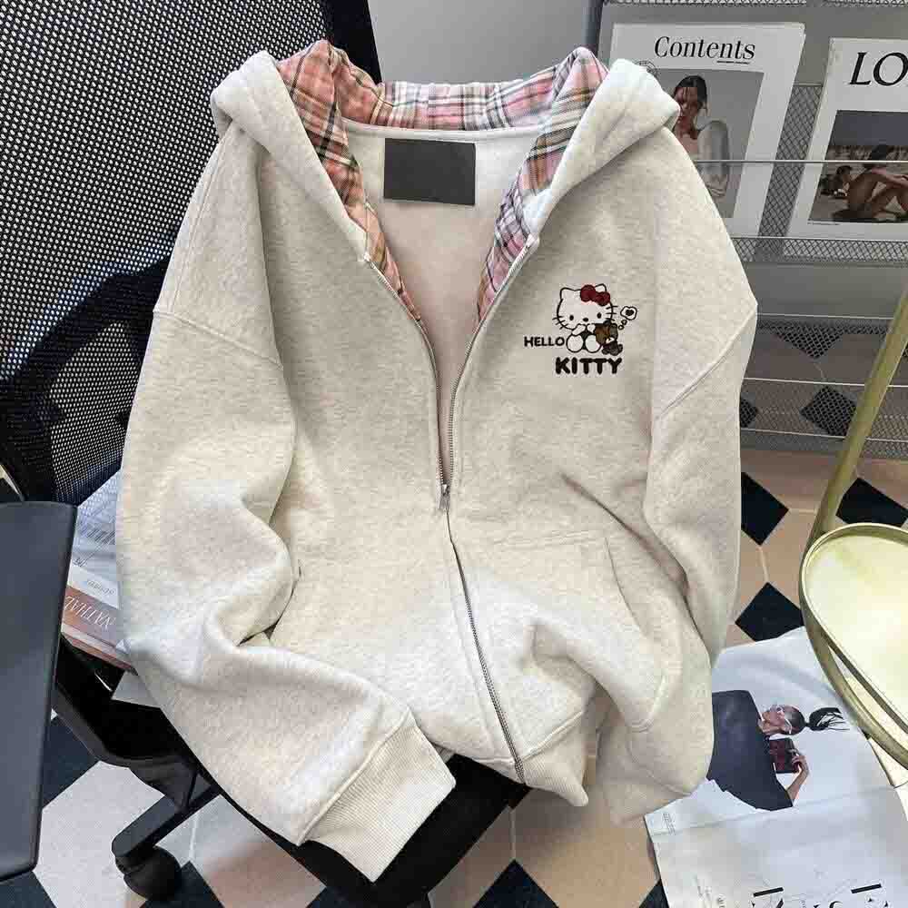 Embellish Knit - ハローキティ女性のフード付きスウェットシャツかわいい漫画学生秋長袖ジッパートップ婦人服 Y2K プリントコート