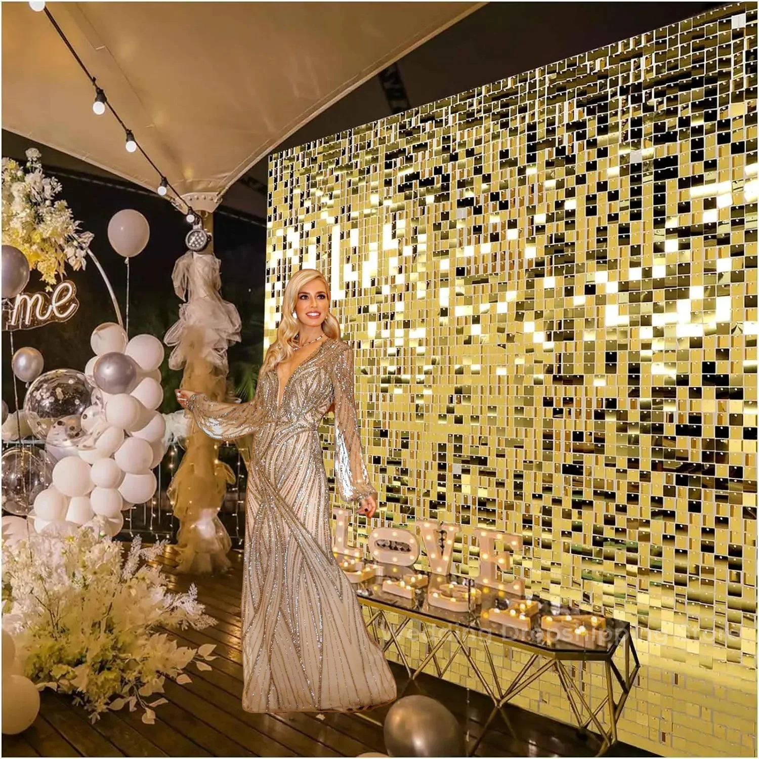Sequin Fabric Panel - 12/24/30 個シマー壁背景正方形スパンコール壁パネル背景パーティー背景結婚記念日誕生日装飾