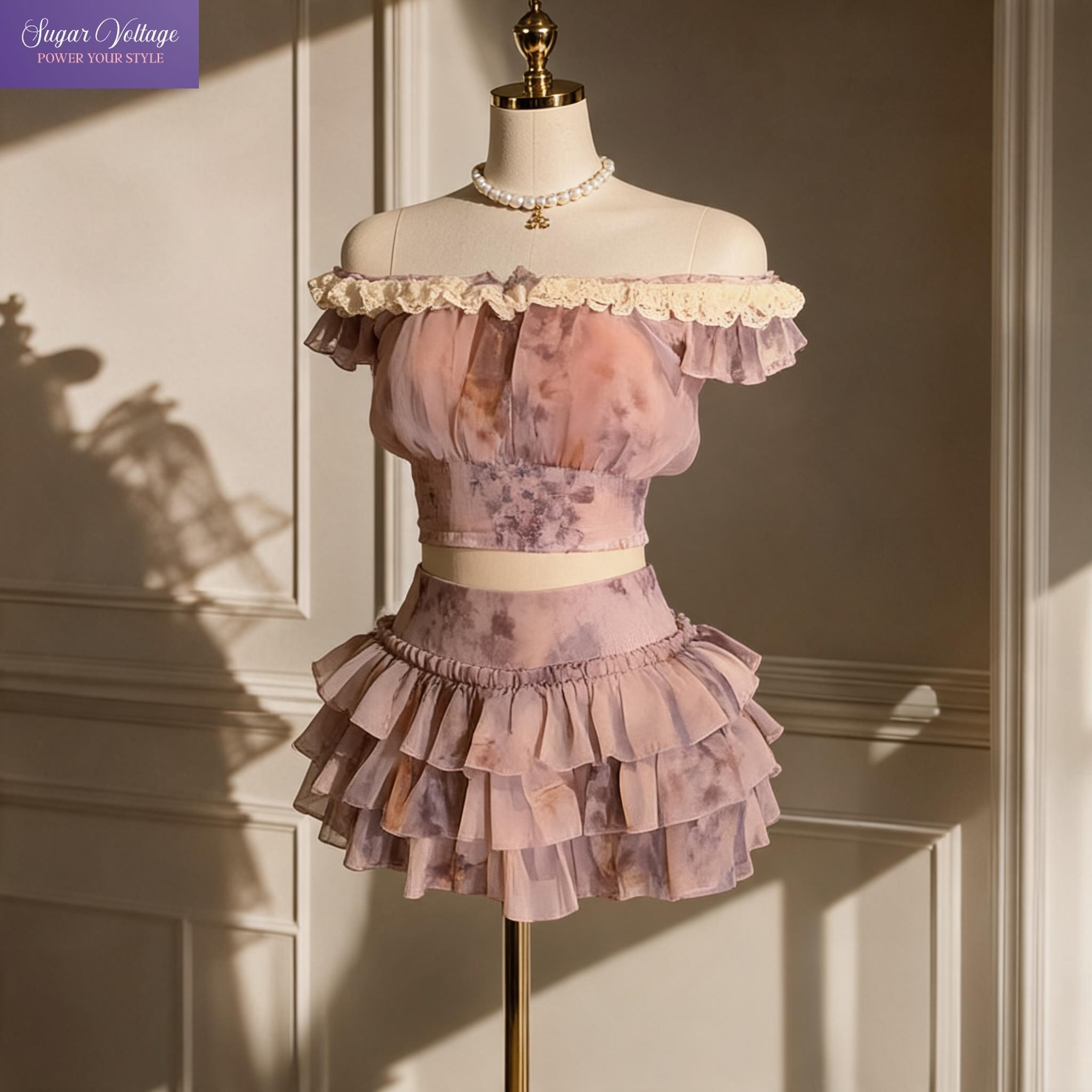 Elastic Lace Trim - フレンチスウィートコケットオフショルダーレーストリム花柄プリント2ピースセット女性用ラッフルクロップトップティアードミニスカートサマーデイリーウェア