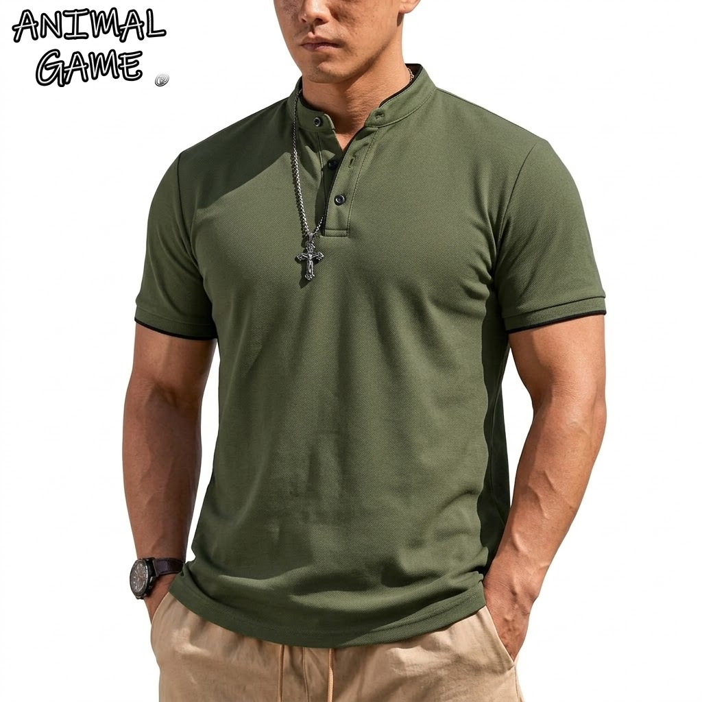 Embellish Knit - 夏半袖ヘンリーシャツ男性ボタンポロシャツクラシック襟なし Tシャツ男性用高級通気性ハイキング Tシャツジム