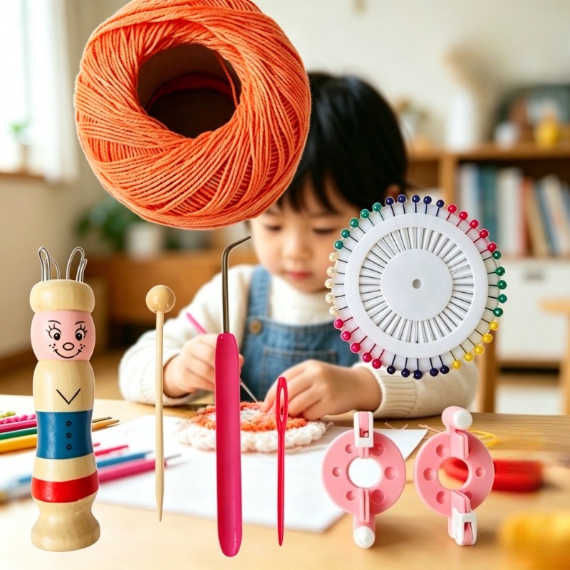 Pom Pom Maker Tool - 木製人形フレンチニッター子供用DIYクラフト編み物ツールポンポンメーカーヤーンセット手作り用品DIY編み物
