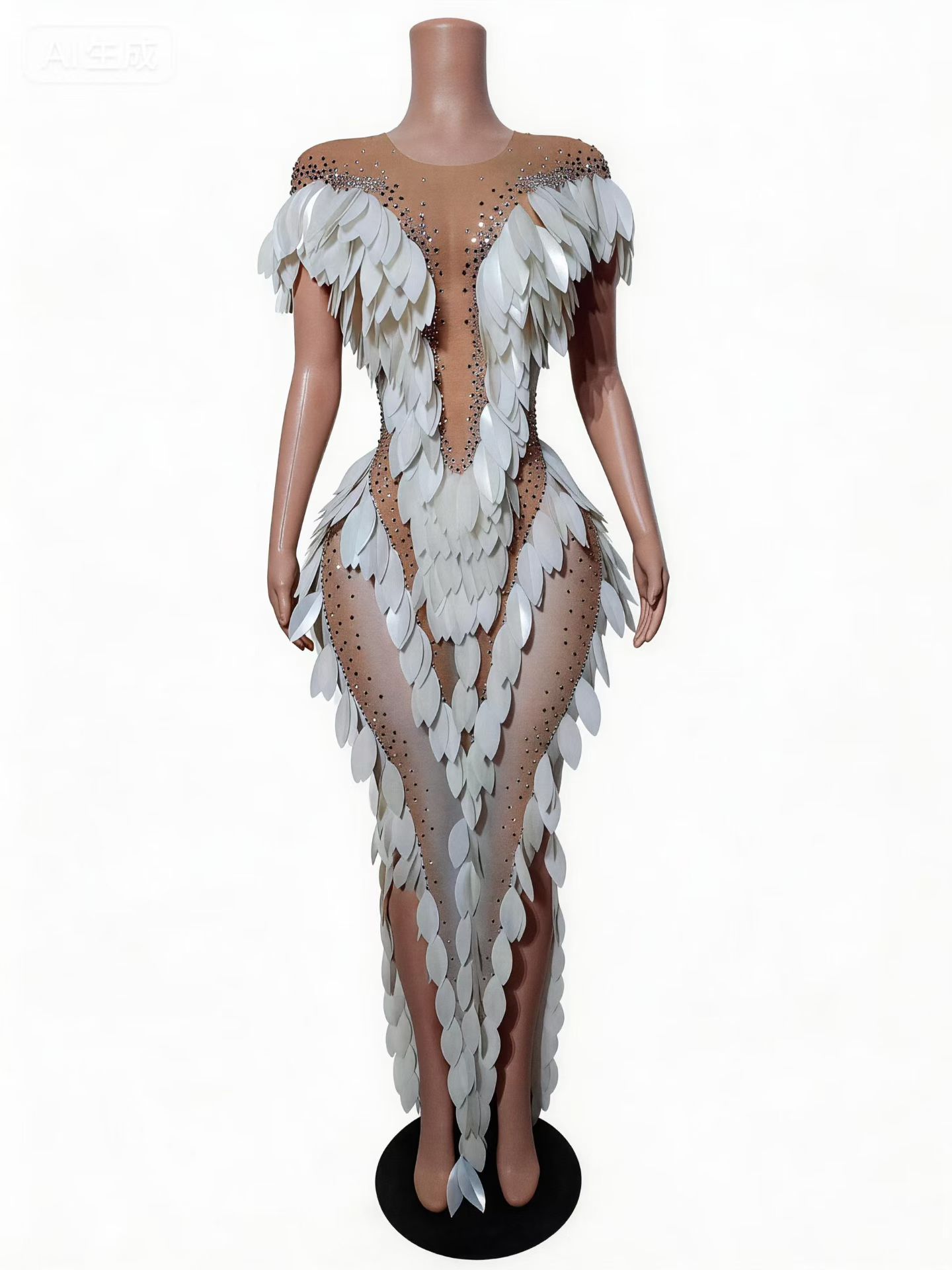 Embellish Knit - モバイ高級ホワイトフェザーラインストーン装飾シアーメッシュマーメイドガウン、バーレスク・キャバレーステージパフォーマンス用
