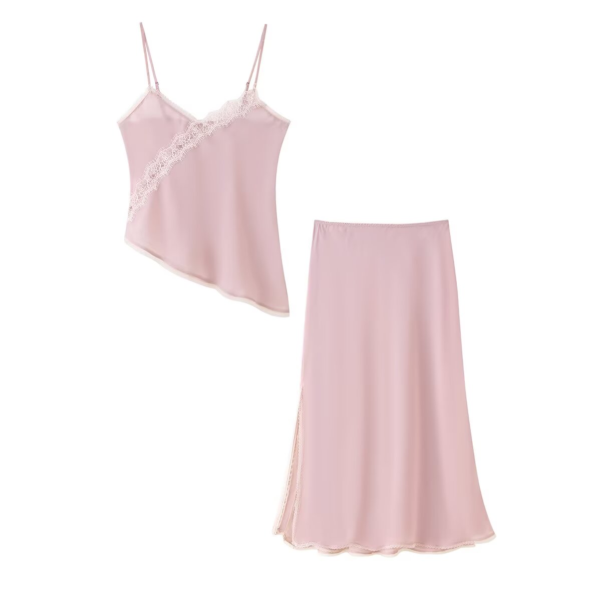 Elastic Lace Trim - Tidalyf 2025 レディース ピンク キャミトップとスカートセット ハートネックライン