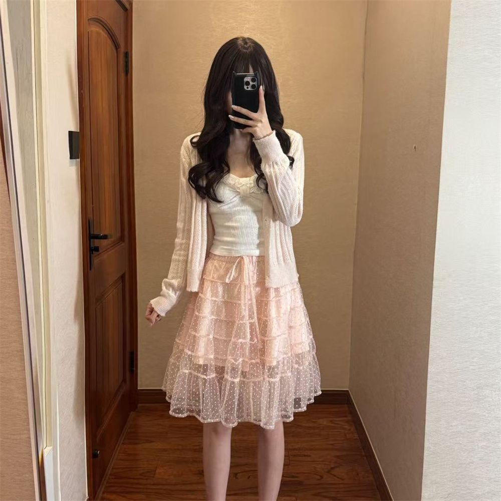 フレンチスタイルの甘いレーストリムキャミソール+ピンクの長袖 - Elastic Lace Trim のレビューと価格
