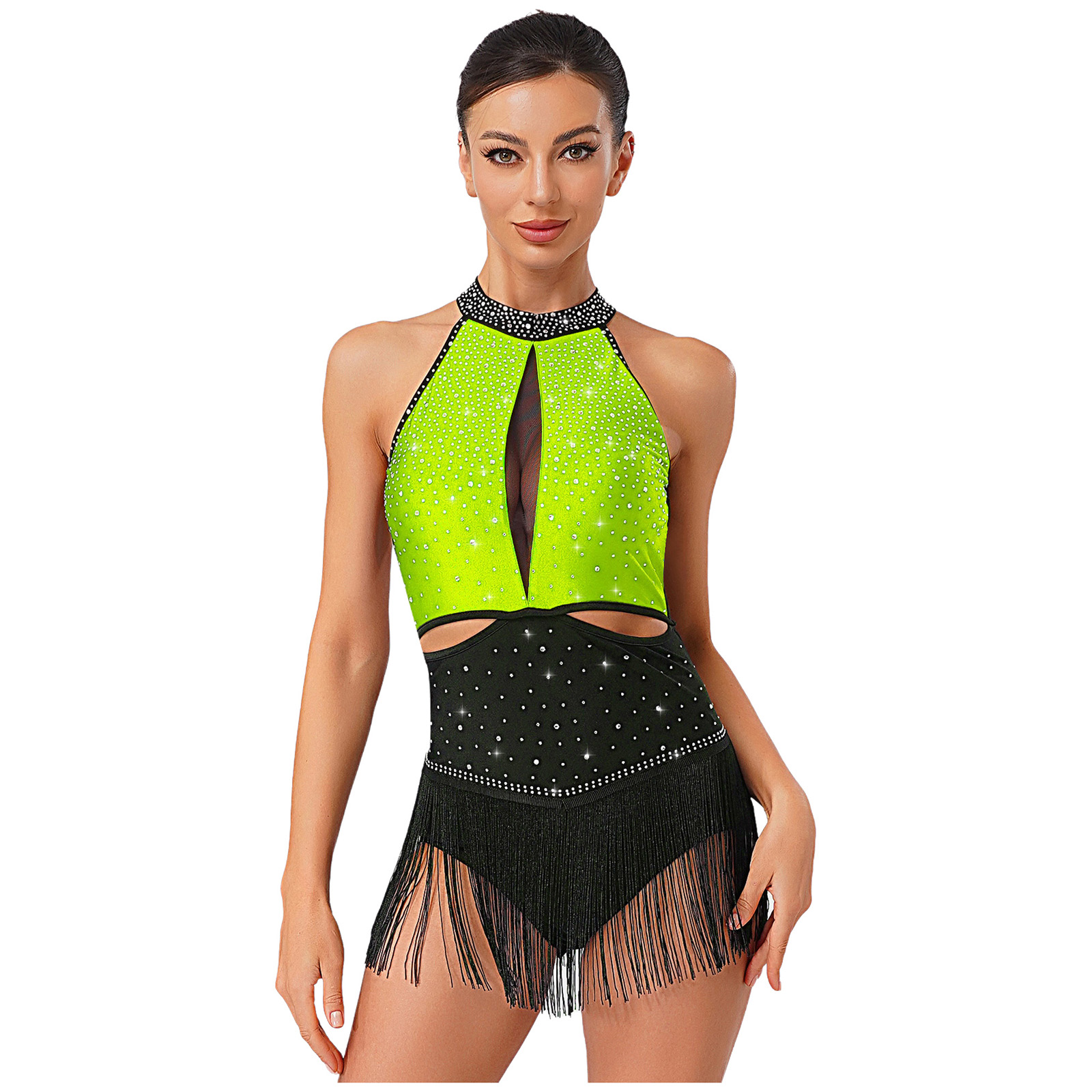 女性ダンスリズムドレスノースリーブモックネック背中の開いたラ - Rhinestone Banding Trim のレビューと価格