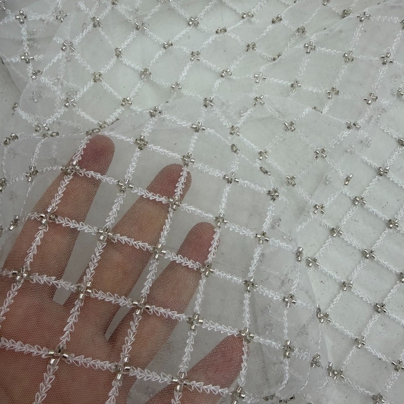 リップストップビーズ刺繍スパンコールメッシュ生地、ウェディン - Crystal Mesh Fabric のレビューと価格