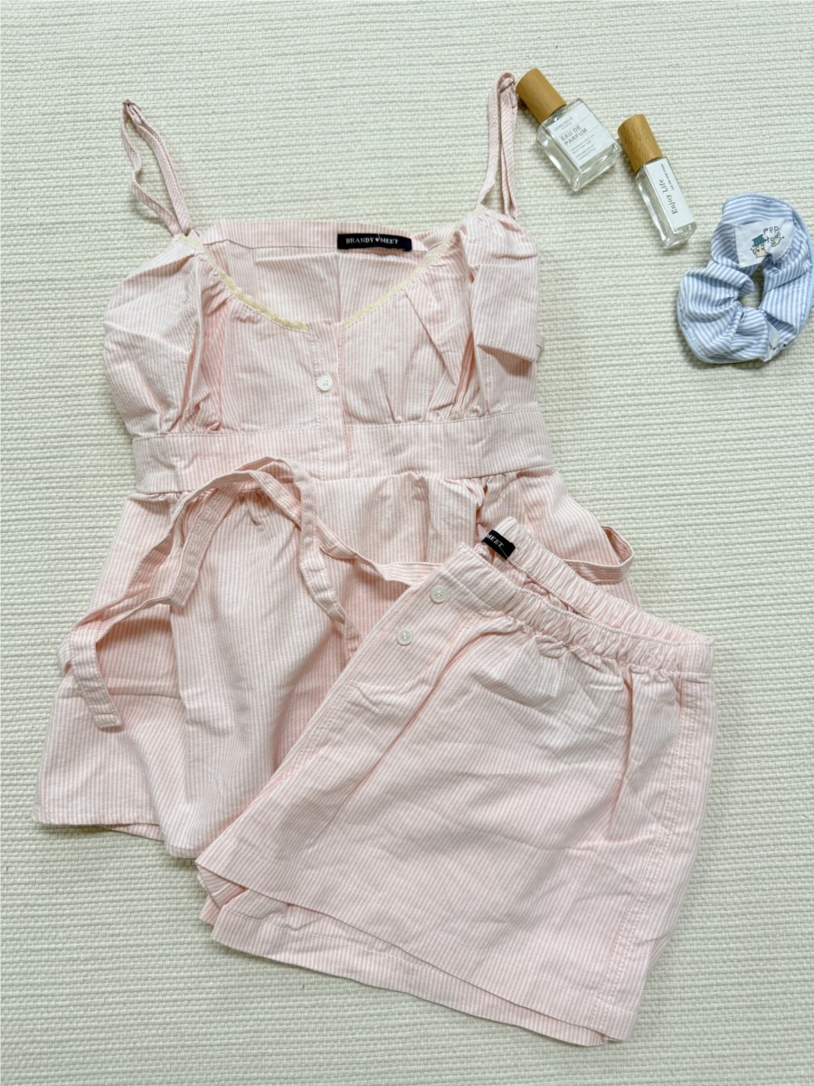 ピンクのストライプ柄レーストリムタンクトップショーツセットス - Elastic Lace Trim のレビューと価格