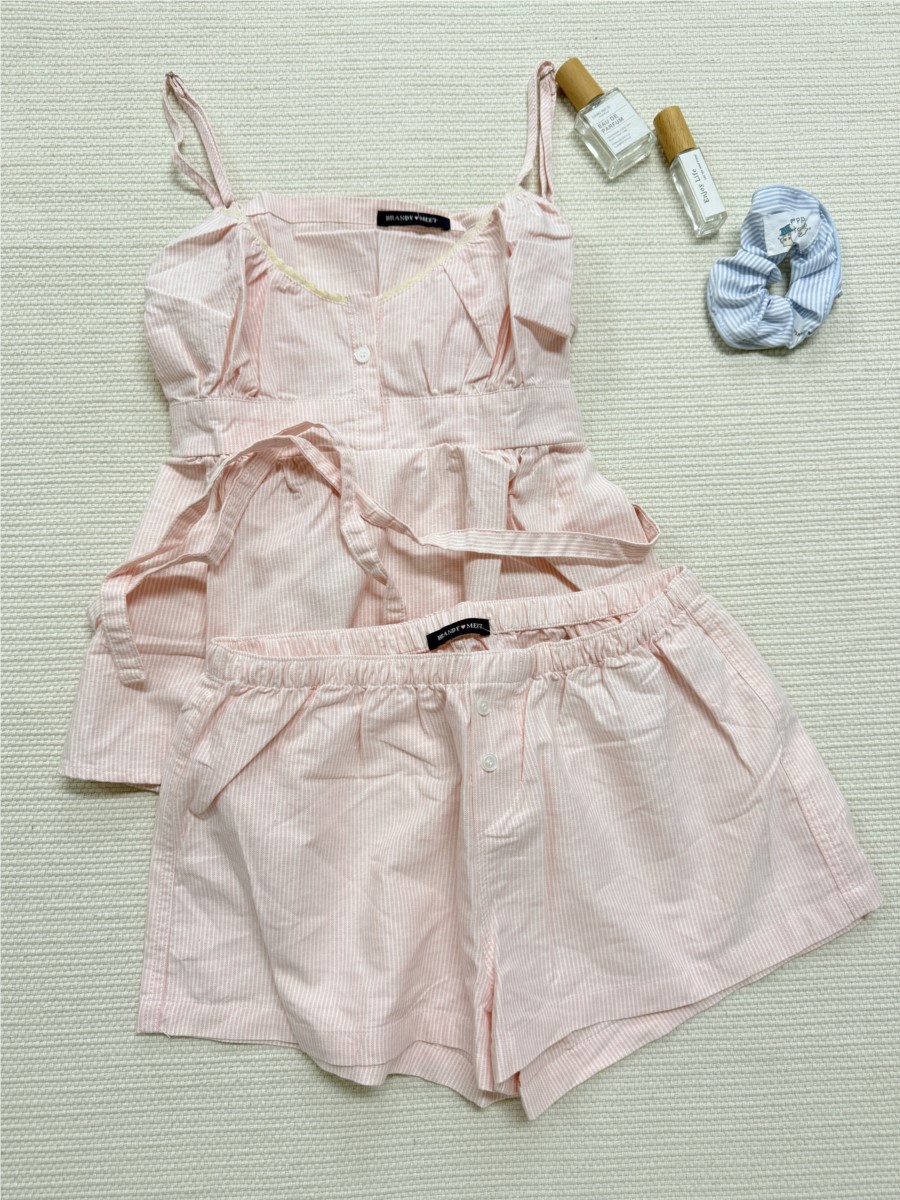 ピンクのストライプ柄レーストリムタンクトップショーツセットス - Elastic Lace Trim のレビューと価格