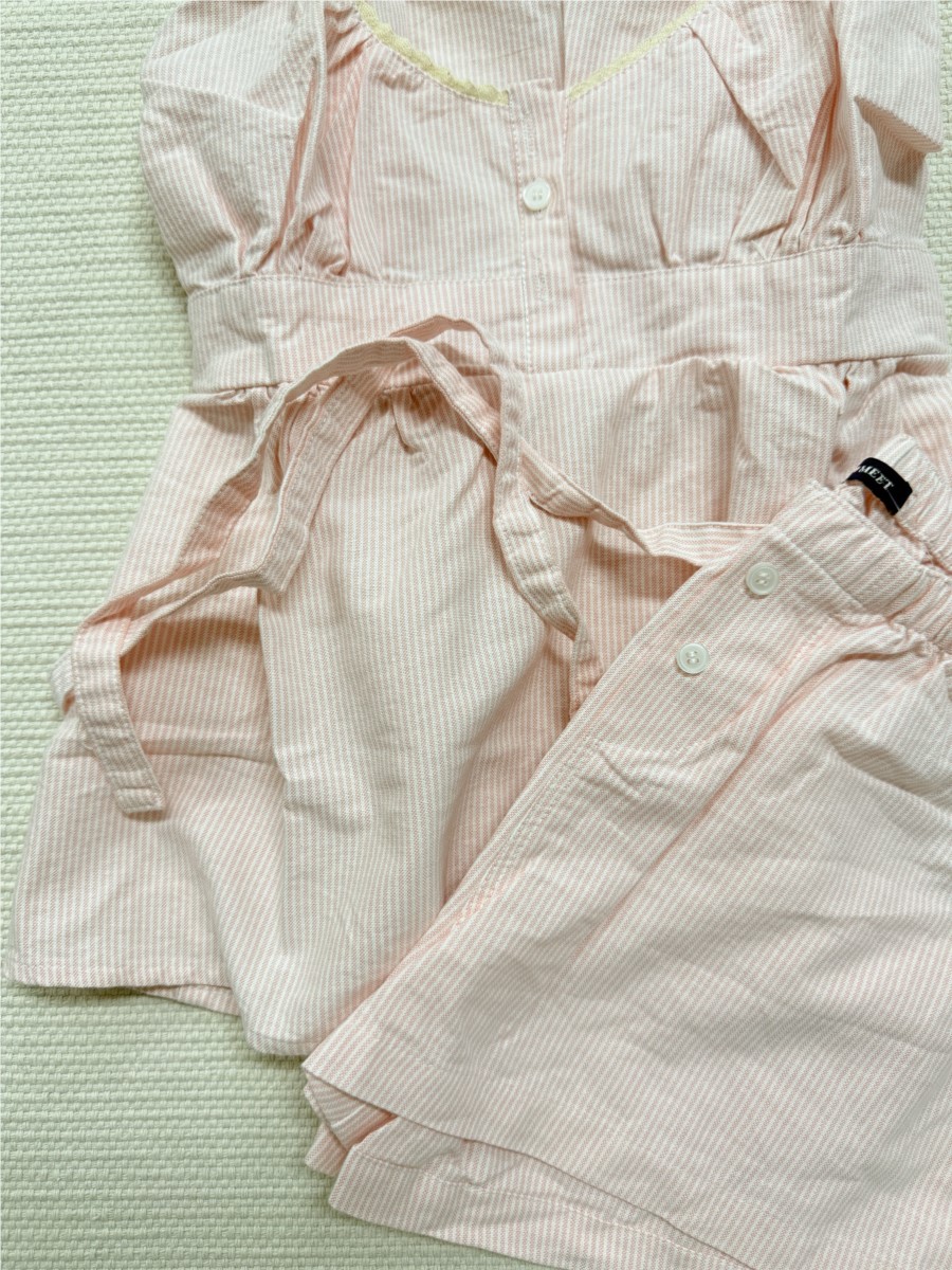 ピンクのストライプ柄レーストリムタンクトップショーツセットス - Elastic Lace Trim のレビューと価格