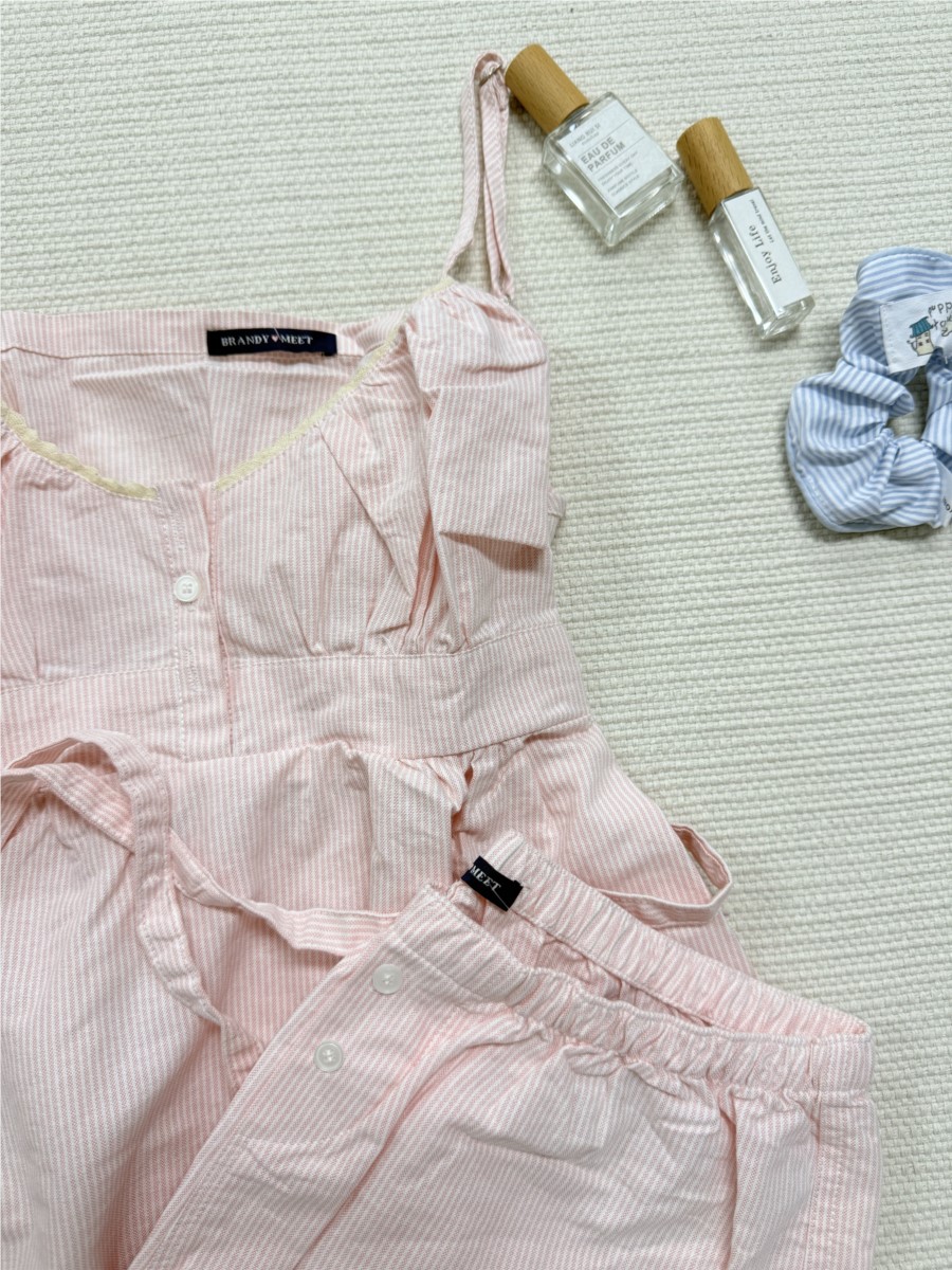 ピンクのストライプ柄レーストリムタンクトップショーツセットス - Elastic Lace Trim のレビューと価格