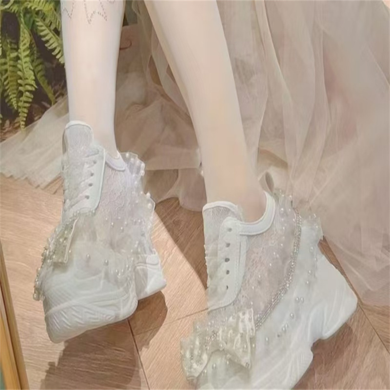 女性用の白いレースアップシューズ,厚い靴底,レースリボン,ラ - Crystal Mesh Fabric のレビューと価格