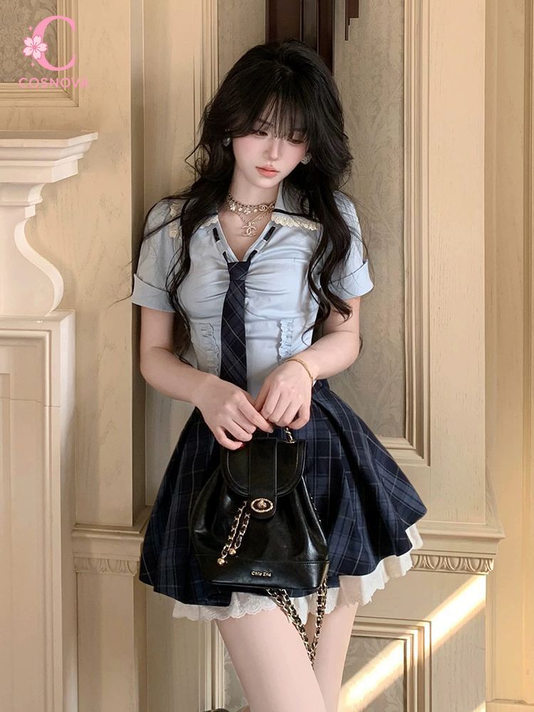 サマーニュープレッピーY2Kツーピースセット レディース ス - Elastic Lace Trim のレビューと価格