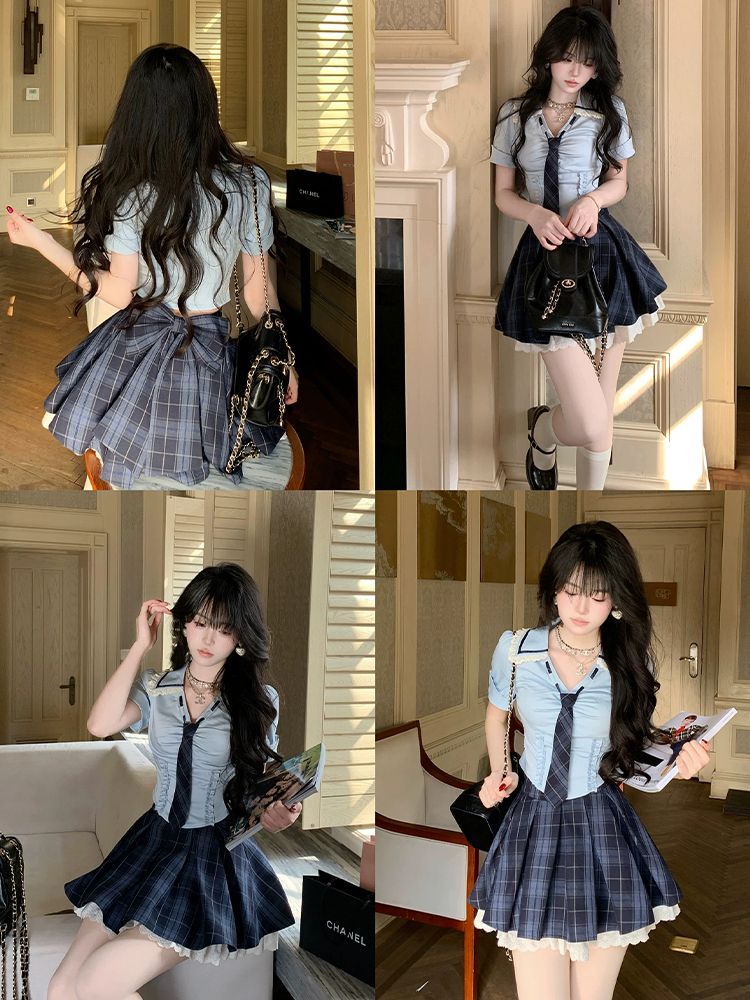 サマーニュープレッピーY2Kツーピースセット レディース ス - Elastic Lace Trim のレビューと価格