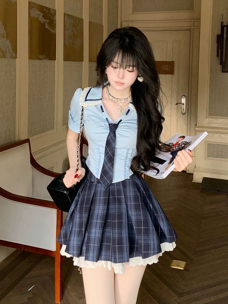 サマーニュープレッピーY2Kツーピースセット レディース ス - Elastic Lace Trim のレビューと価格