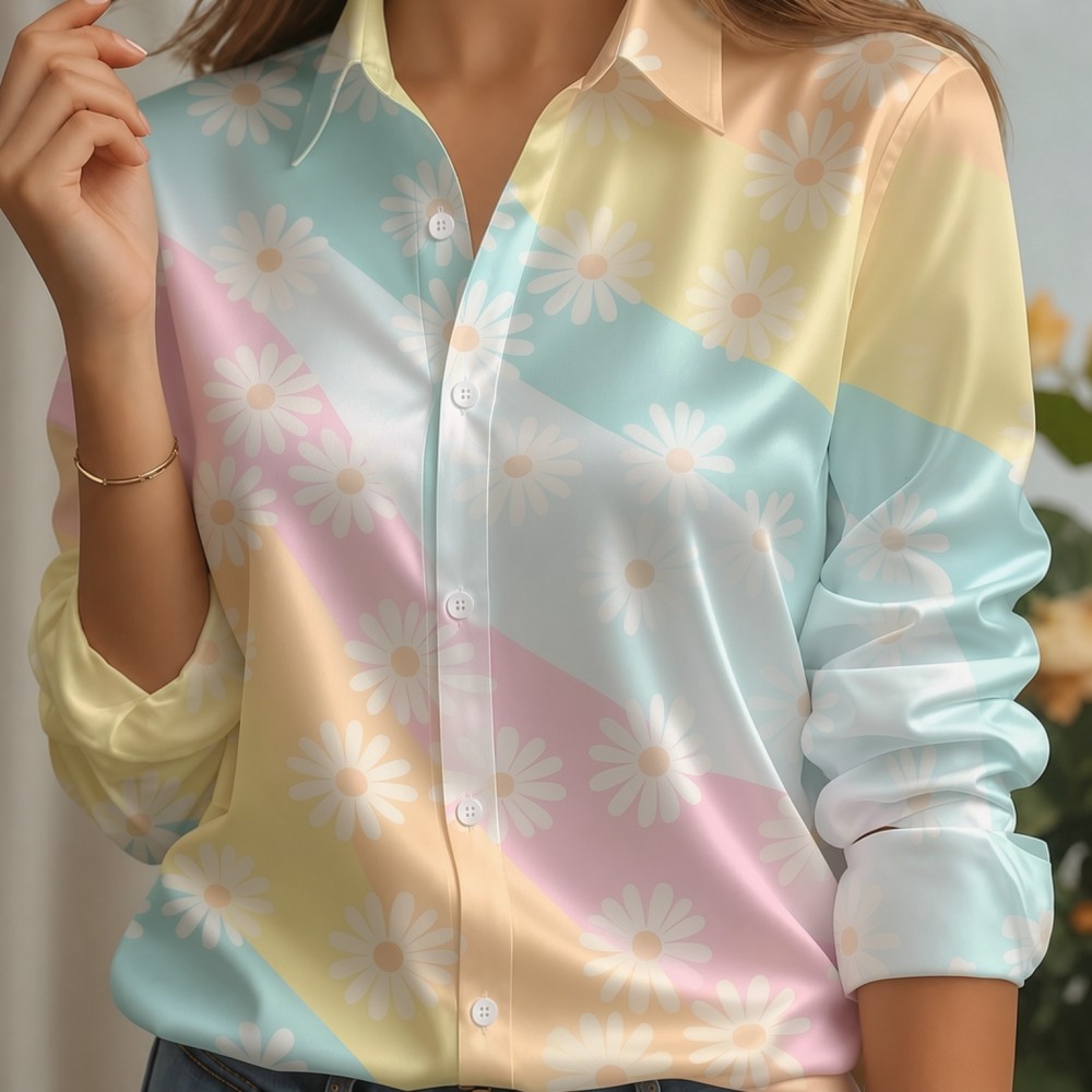 女性用サテンラペルカラーシャツ、パステルストライププリント、 - Embellish Knit のレビューと価格