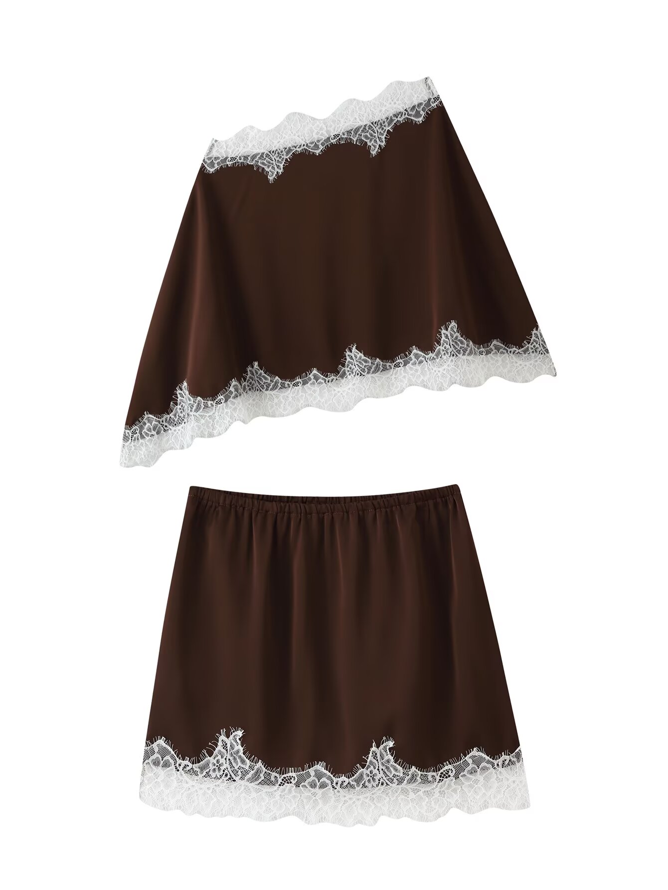 女性用サテンAラインミニスカート、アイラッシュレーストリム付 - Elastic Lace Trim のレビューと価格