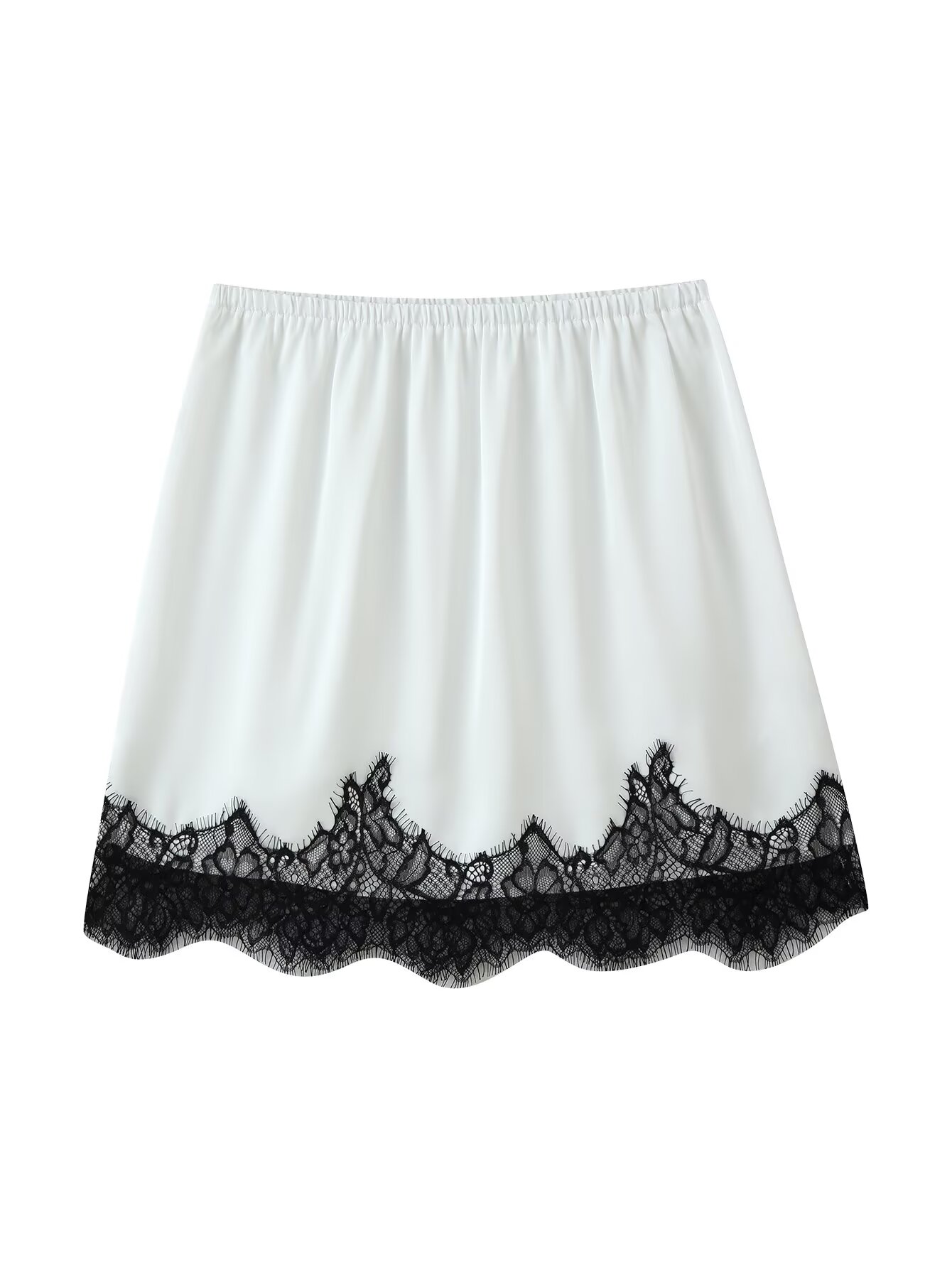 女性用サテンAラインミニスカート、アイラッシュレーストリム付 - Elastic Lace Trim のレビューと価格