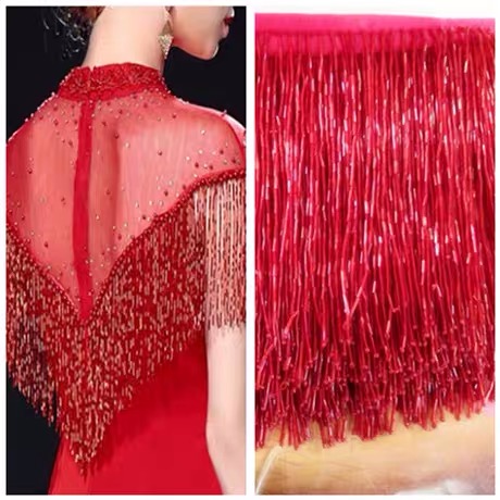 シルバービーズフリンジトリム、オートクチュールダンス衣装、パ - Beaded Trim Fringe のレビューと価格