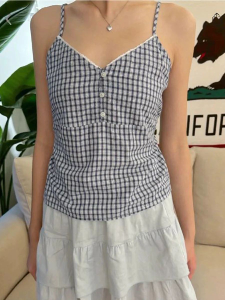 女性用コットン2点セット,ネイビーチェック柄タンクトップ,レ - Elastic Lace Trim のレビューと価格