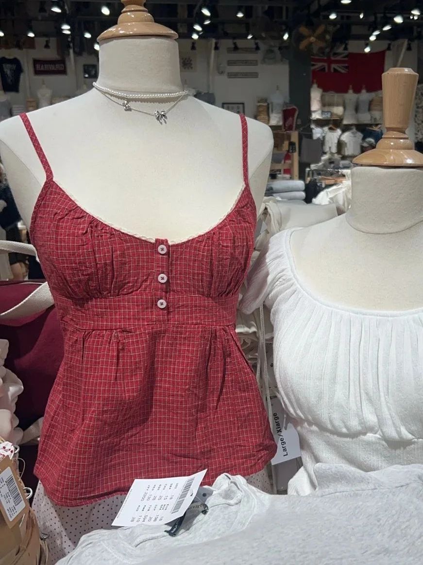 赤いチェック柄ボタンタンクショーツセット女性バックレースアッ - Elastic Lace Trim のレビューと価格
