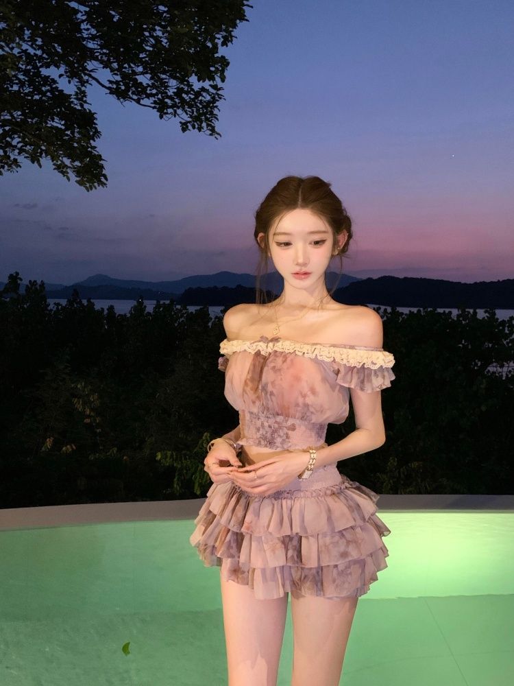フレンチスウィートコケットオフショルダーレーストリム花柄プリ - Elastic Lace Trim のレビューと価格