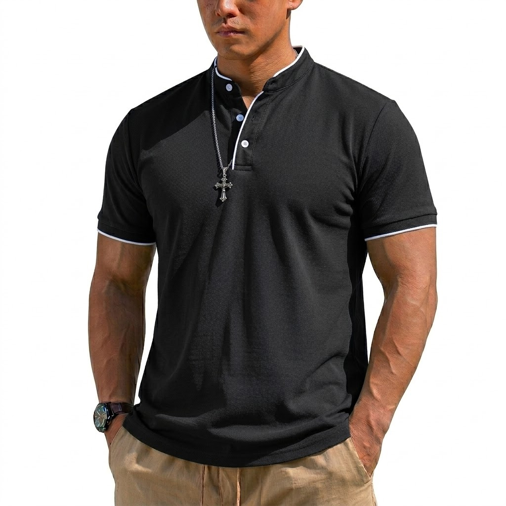夏半袖ヘンリーシャツ男性ボタンポロシャツクラシック襟なし T - Embellish Knit のレビューと価格