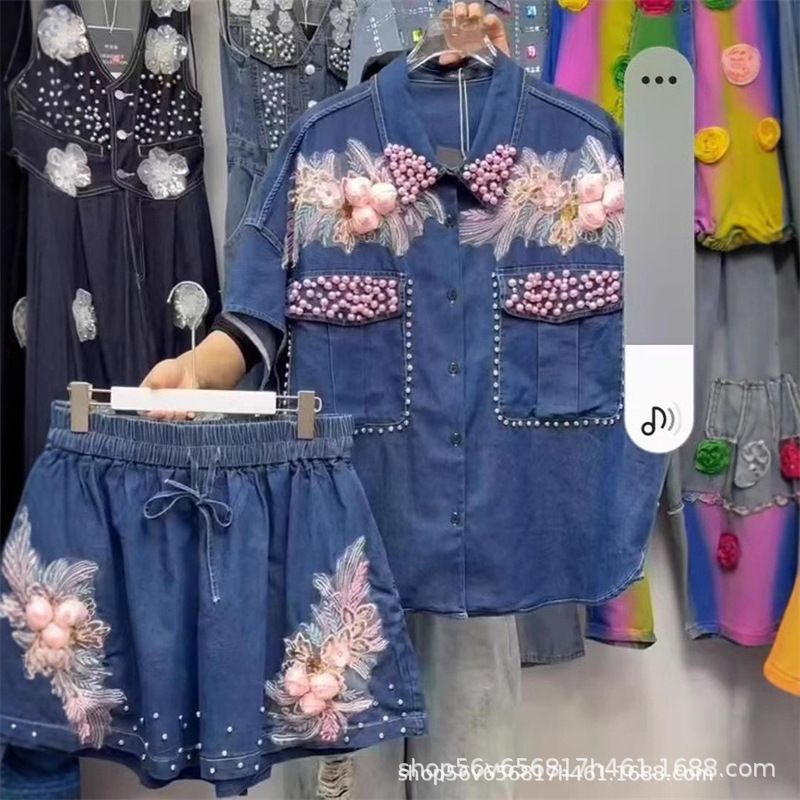 女性ダイヤモンドビーズ花刺繍デニムシャツ真珠ジーンズブラウス - Applique Patch Flower のレビューと価格